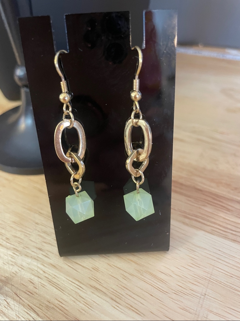 Gold Link Drop Earrings with Lime Green Bead 1.5” dangle